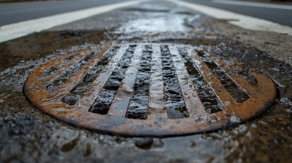 A round metal Philadelphia municipal storm sewer cover set in a wet asphalt road.