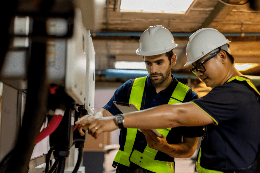 Two workers wearing safety vests and hard hats inspect equipment; one points at machinery while the other holds a clipboard and observes.
