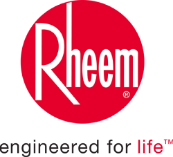 Rheem logo in white text on a red circle, with the tagline "engineered for life" in black and red text below.